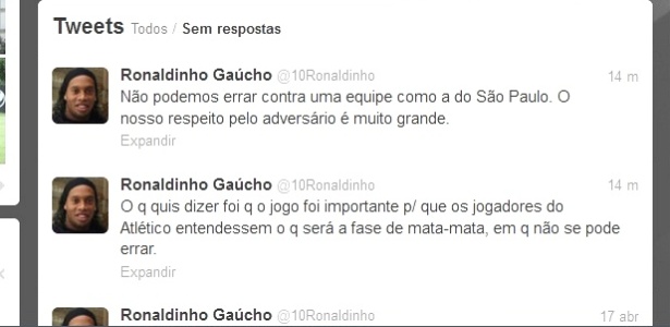 Ronaldinho tentou explicou, pelo Twitter, declaração polêmica após derrota do Atlético - Reprodução/Twitter