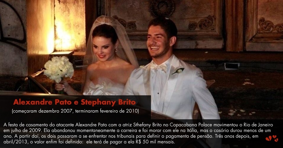 A festa de casamento do atacante Alexandre Pato com a atriz Sthefany Brito no Copacabana Palace movimentou o Rio de Janeiro em julho de 2009. Ela abandonou momentaneamente a carreira e foi morar com ele na Itália, mas o casório durou menos de um ano. A partir daí, os dois passaram a se enfrentar nos tribunais para definir o pagamento de pensão. Três anos depois, em abril/2013, o valor enfim foi definido:  ele terá de pagar a ela R$ 50 mil mensais. - AgNews