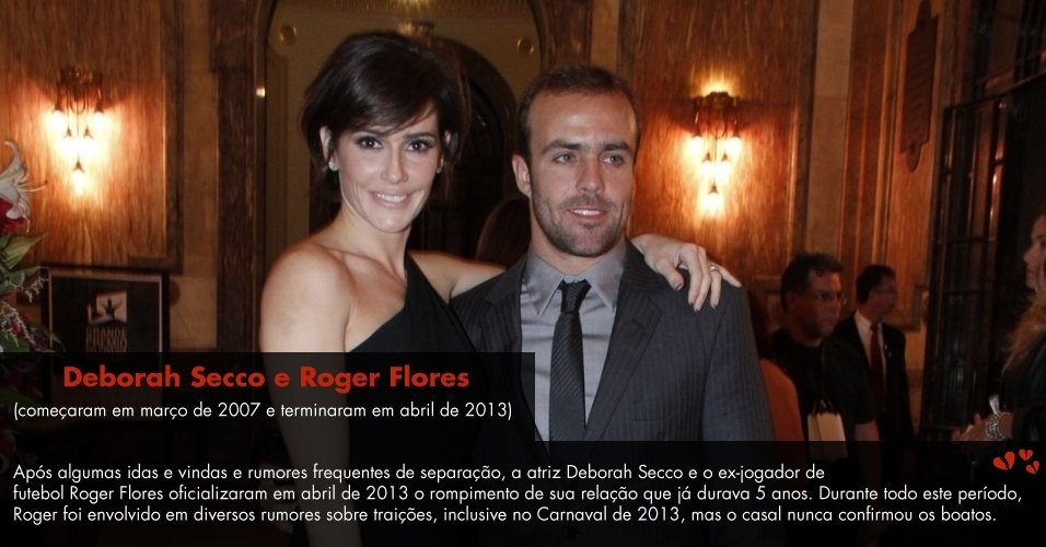 Após algumas idas e vindas e rumores frequentes de separação, a atriz Deborah Secco e o ex-jogador de futebol Roger Flores oficializaram em abril de 2013 o rompimento de sua relação que já durava 5 anos. Durante todo este período, Roger foi envolvido em diversos rumores sobre traições, inclusive no Carnaval de 2013, mas o casal nunca confirmou os boatos. - AgNews
