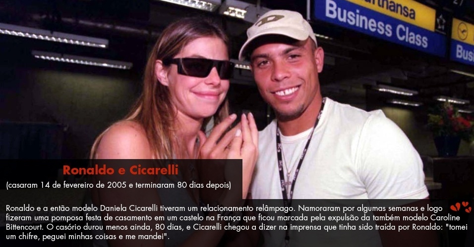 Ronaldo e a então modelo Daniela Cicarelli tiveram um relacionamento relâmpago. Namoraram por algumas semanas e logo fizeram uma pomposa festa de casamento em um castelo na França que ficou marcada pela expulsão da também modelo Caroline Bittencourt. O casório durou menos ainda, 80 dias, e Cicarelli chegou a dizer na imprensa que tinha sido traída por Ronaldo: "tomei um chifre, peguei minhas coisas e me mandei". - Folhapress