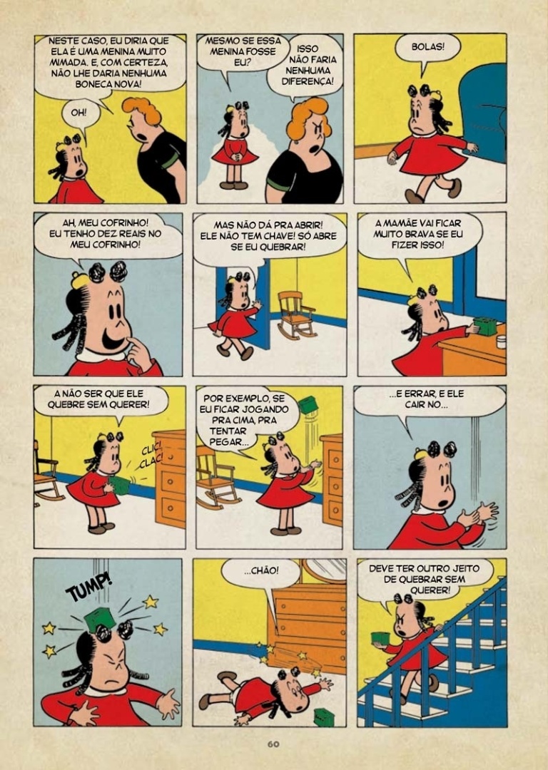 25.abr.2013 - Página do livro "Luluzinha - Primeiras Histórias", lançado pelo selo Pixel, que traz algumas das primeiras histórias da personagem, originalmente publicadas entre as décadas de 1940 e 1950. O lançamento trará as primeiras aparições de personagens como Bolinha, Alvinho e a bruxa Alcéia, e contou com um processo de colorização especial. A ideia foi manter as cores e tons fieis aos originais. - Divulgação