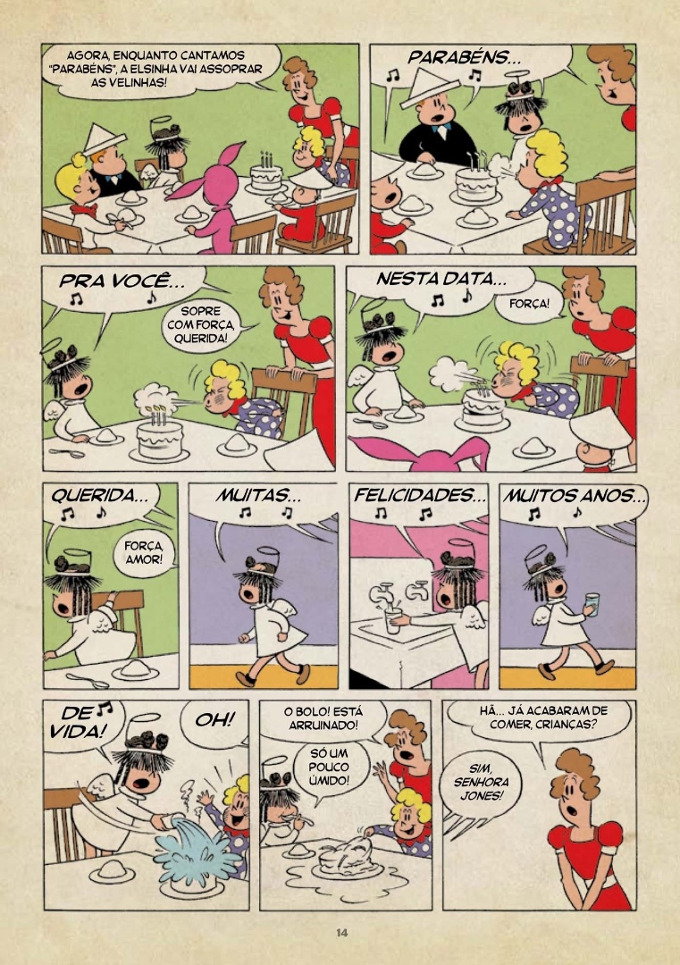 25.abr.2013 - Página do livro "Luluzinha - Primeiras Histórias", lançado pelo selo Pixel, que traz algumas das primeiras histórias da personagem, originalmente publicadas entre as décadas de 1940 e 1950. O lançamento trará as primeiras aparições de personagens como Bolinha, Alvinho e a bruxa Alcéia, e contou com um processo de colorização especial. A ideia foi manter as cores e tons fieis aos originais. - Divulgação