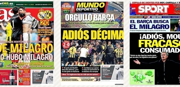 Capas de jornais espanhóis após a eliminação do Real Madrid para o Borussia Dortmund - Reprodução