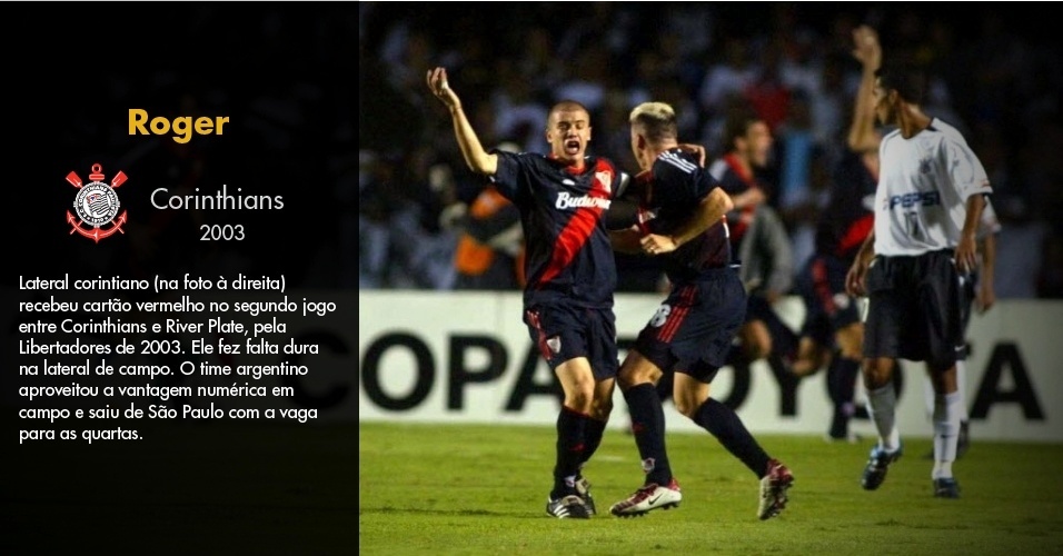 Lateral corintiano (na foto à direita) recebeu cartão vermelho no segundo jogo entre Corinthians e River Plate, pela Libertadores de 2003. Ele fez falta dura na lateral de campo. O time argentino aproveitou a vantagem numérica em campo e saiu de São Paulo com a vaga para as quartas. - Arte UOL
