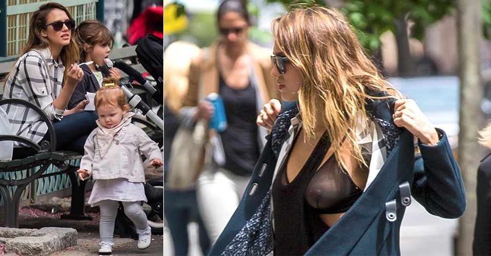 6.mai.2013 - Jessica Alba mostra mais do que queria ao tirar o casaco durante um passeio com as filhas Honor e Haven em um parque no bairro do Soho, em Nova York