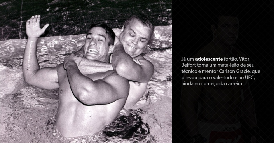Já um adolescente fortão, Vitor Belfort toma um mata-leão de seu técnico e mentor Carlson Gracie, que o levou para o vale-tudo e ao UFC, ainda no começo da carreira. - Marcelo Alonso/Portal do Vale Tudo