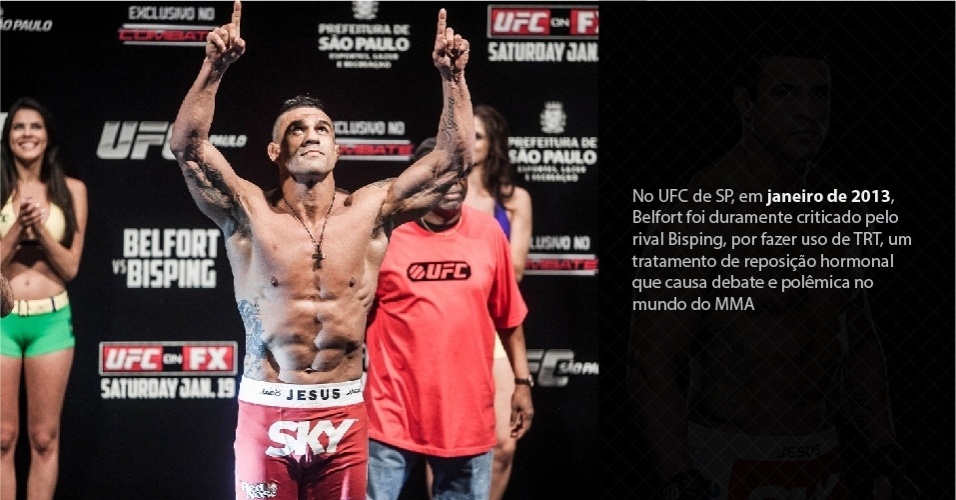 No UFC de SP, em janeiro de 2013, Belfort foi duramente criticado pelo rival Bisping, por fazer uso de TRT, um tratamento de reposição hormonal que causa debate e polêmica no mundo do MMA. - Leonardo Soares/UOL