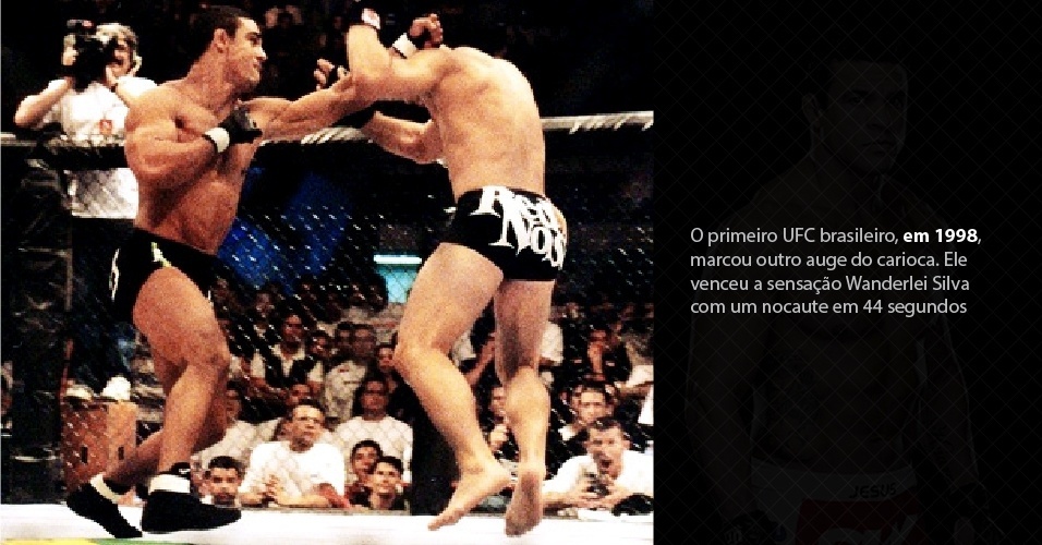 O primeiro UFC brasileiro, em 1998, marcou outro auge do carioca. Ele venceu a sensação Wanderlei Silva com um nocaute em 44 segundos. - Divulgação