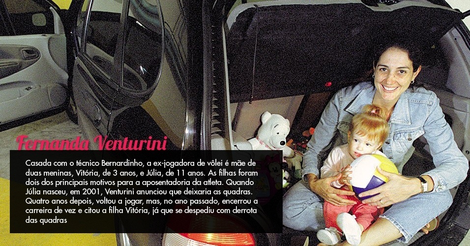 Fernanda Venturini  - Casada com o técnico Bernardinho, a ex-jogadora de vôlei é mãe de duas meninas, Vitória, de 3 anos, e Júlia (foto), de 11 anos. As filhas foram dois dos principais motivos para a aposentadoria da atleta. Quando Júlia nasceu, em 2001, Venturini anunciou que deixaria as quadras. Quatro anos depois, voltou a jogar, mas, no ano passado, encerrou a carreira de vez e citou a filha Vitória, já que se despediu com derrota das quadras. - Arte/UOL Esporte - Fernando Moraes/Folhapress