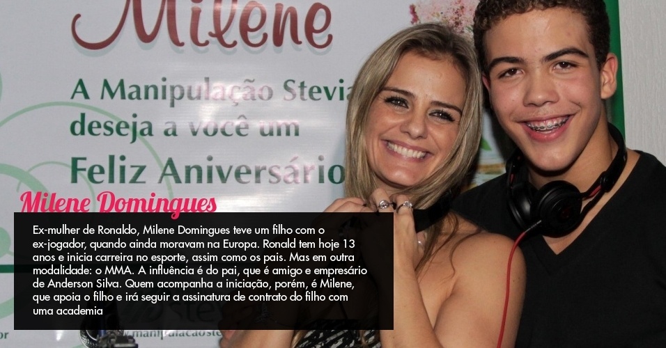 Milene Domingues - Ex-mulher de Ronaldo, Milene Domingues teve um filho com o ex-jogador, quando ainda moravam na Europa. Ronald tem hoje 13 anos e inicia carreira no esporte, assim como os pais. Mas em outra modalidade: o MMA. A influência é do pai, que é amigo e empresário de Anderson Silva. Quem acompanha a iniciação, porém, é Milene, que apoia o filho e irá seguir a assinatura de contrato do filho com uma academia. - Arte/UOL Esporte - AgNews