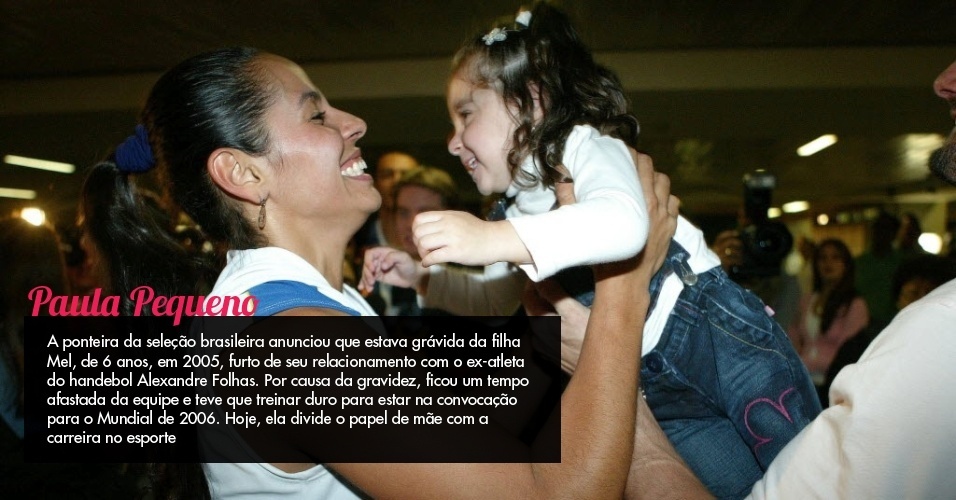 Paula Pequeno - A ponteira da seleção brasileira anunciou que estava grávida da filha Mel, de 6 anos, em 2005, furto de seu relacionamento com o ex-atleta do handebol Alexandre Folhas. Por causa da gravidez, ficou um tempo afastada da equipe e teve que treinar duro para estar na convocação para o Mundial de 2006. Hoje, ela divide o papel de mãe com a carreira no esporte. - Arte/UOL Esporte - Folha Imagem
