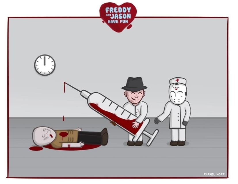 Em "Freddy And Jason Have Fun", em tradução literal "Freddy E Jason se Divertem", o cartunista usa os personagens do filme de terror em cenas sadicamente engraçadas - Rafael Koff