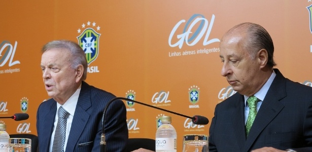 Marin e Del Nero na apresentação do acordo com a GOL; gestão atual trocou novo contrato de Teixeira