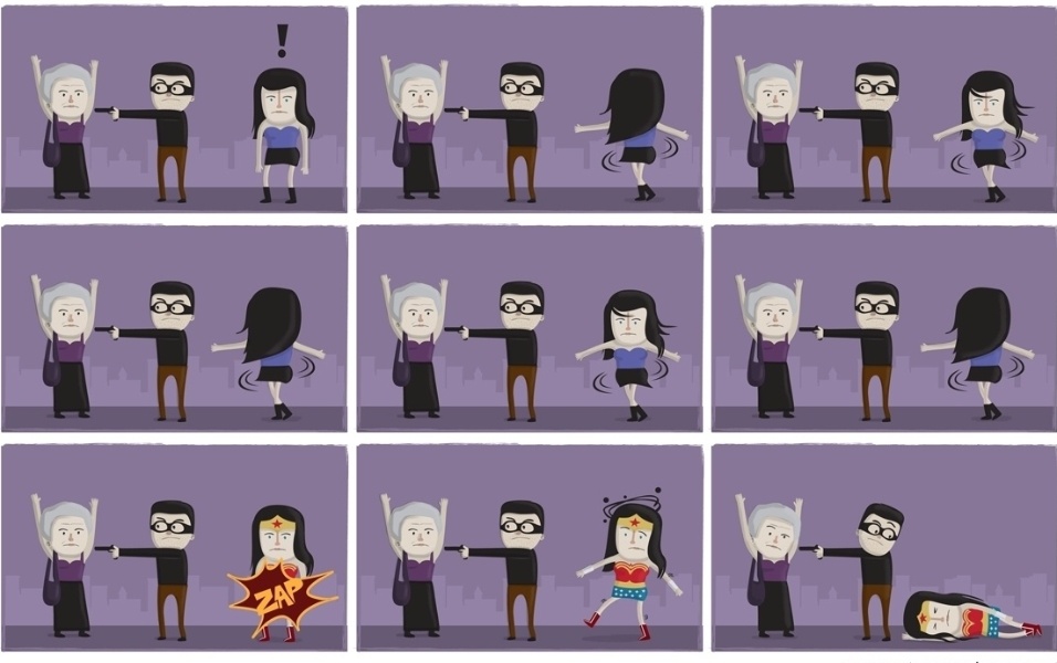 Mulher-Maravilha se atrapalha para trocar o uniforme enquanto velhinha é assaltada em uma das tiras de "Cueca por Cima das Calças" - Rafael Koff