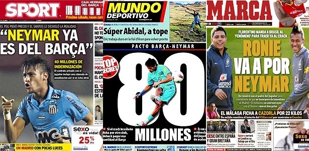 Neymar movimenta as manchetes da imprensa esportiva da Espanha desde 2011 - Reprodução
