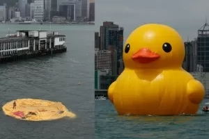 Escultura de pato de borracha exposta em porto de Hong Kong, depois e antes de ser esvaziada - Anthony Wallace/AFP e Kin Cheung/AP