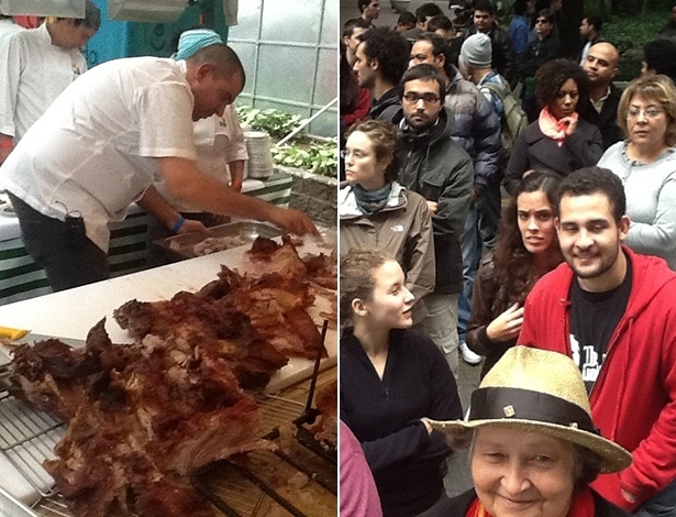 19.mai.2013 - Chef Jefferson Rueda, do restaurante Attimo, corta um porco assado enquanto público espera início da atração Chefs na Rua, na Av. São Luís - Thiago Azanha/UOL