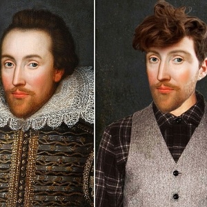 Na imagem acima, o dramaturgo William Shakespeare é visto com piercings, longa cabeleira e um "look" moderno de causar inveja. - BBC