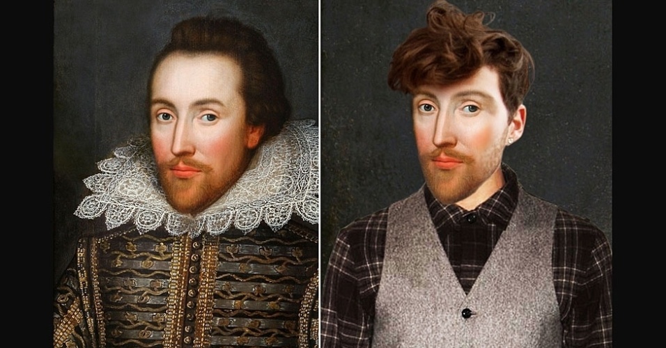 Na imagem acima, o dramaturgo William Shakespeare é visto com piercings, longa cabeleira e um "look" moderno de causar inveja. - BBC