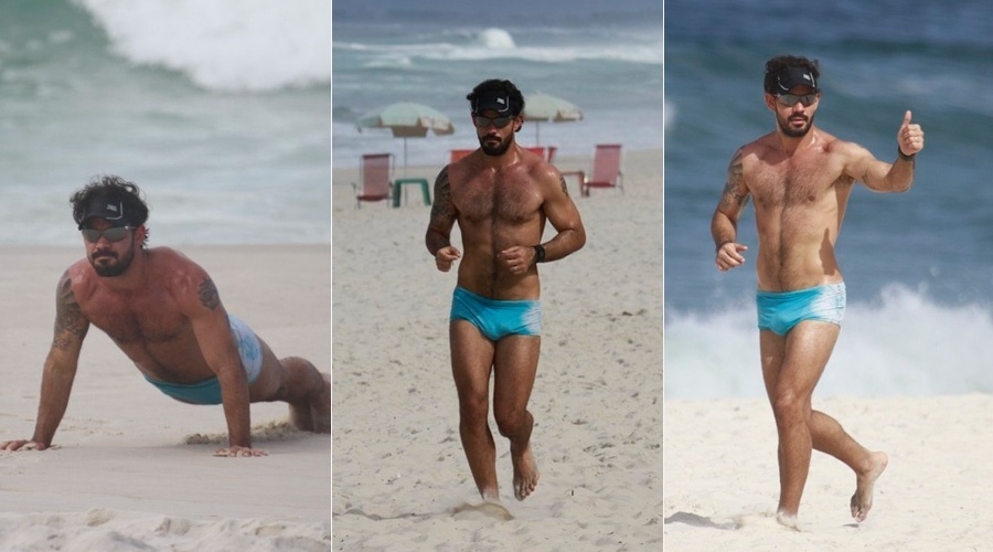 22.mai.2013 - Juliano Cazarré exibiu o corpo sarado durante manhã de exercícios na praia da Barra da Tijuca, zona oeste do Rio. O ator está no ar como o Ninho de "Amor à Vida"