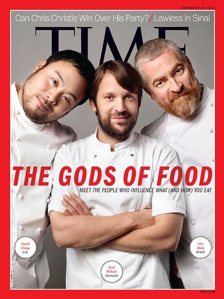 Capa da revista "Time" com os chefs Alex Atala, René Redzepi e David Chang