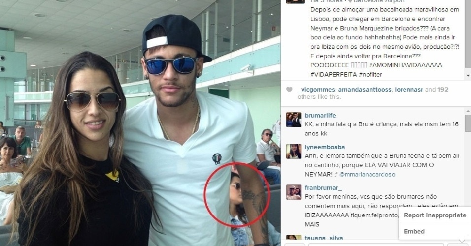 25.jul.2014 - Mariana Cardoso, fã de Neymar, teve os seus 15 segundos de fama. Depois de postar uma foto ao lado do jogador, no aeroporto de Barcelona, a jovem aproveitou para cutucar a atriz Bruna Marquezine e virou destaque na web.
