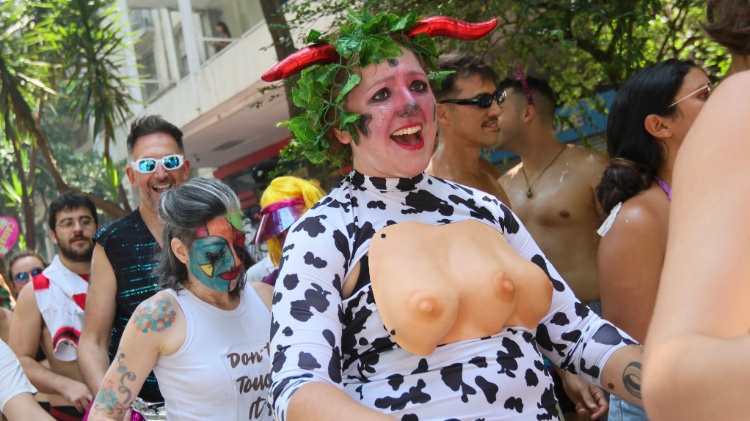 Fantasia de vaca se destaca no Bloco Tarado Ni Você, em São Paulo