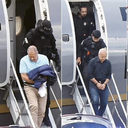 Os irmãos Chiquinho Brazão (de azul) e Domingos Brazão (de preto) chegam presos no avião da PF