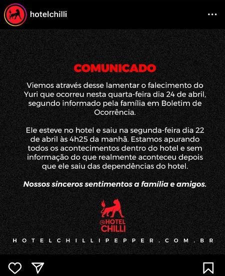 Hotel Chilli emitiu comunicado sobre a morte de Yuri Castro