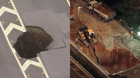 Logo após a cratera se abrir na marginal Tietê em São Paulo (à esq.) e obras após a ocorrência (à dir.) Logo após a cratera se abrir na marginal Tietê em São Paulo (à esq.) e obras após a ocorrência (à dir.)