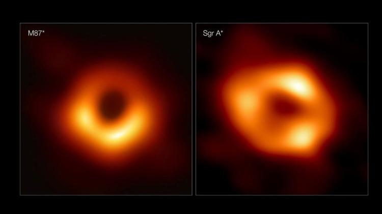 À esquerda, buraco negro M87*, à direita, Sagitário A*, que fica no centro da nossa galáxia