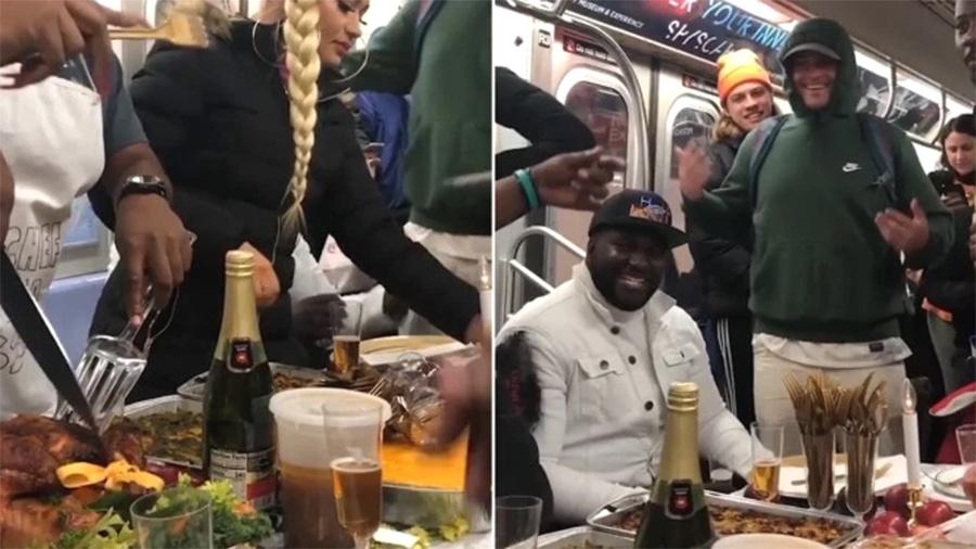 Jantar do Dia de Ação de Graças reuniu desconhecidos em volta de uma grande mesa no metrô de Nova York - Reprodução/Instagram 