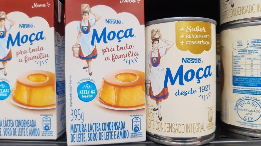 Reduflação: Descrição em embalagens mostram os diferentes componentes do produto "Moça", da Nestlé. À esquerda, mistura láctea. À direita, leite condensado. - Felipe de Souza/UOL