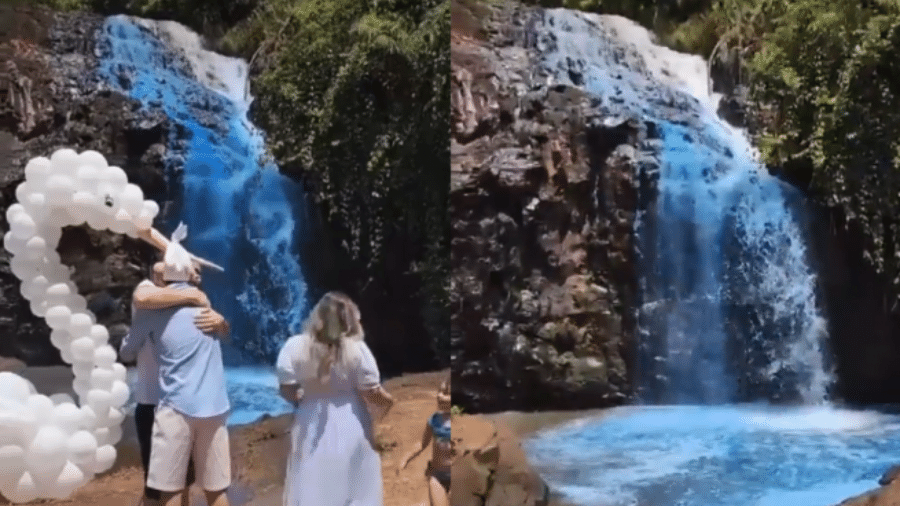 Casal tinge água de cachoeira de azul em chá de revelação e gera revolta - Reprodução web