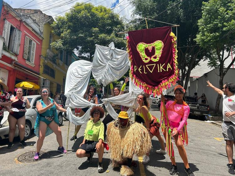 Yara Lopes (de verde agachada) e apoiadores do bloco Pelvika 