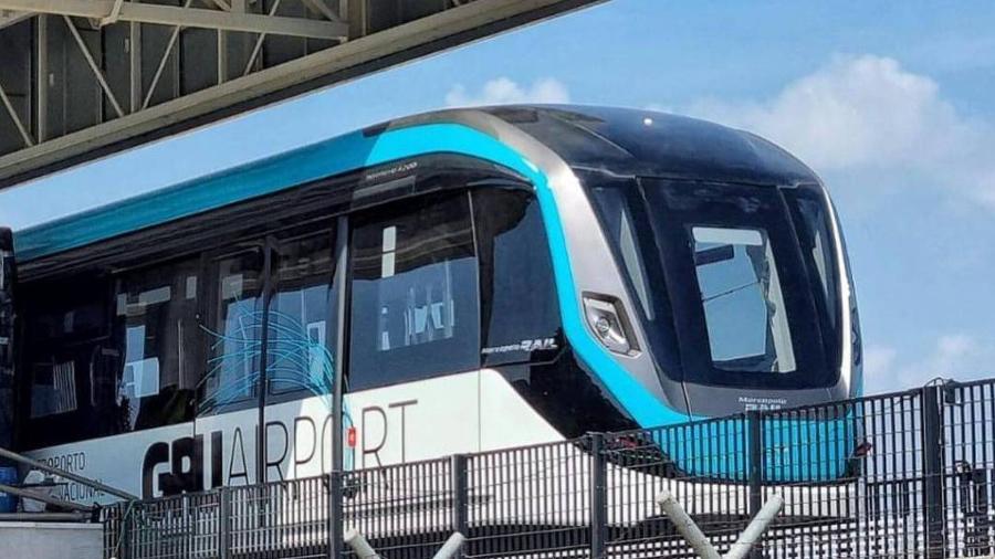 Aeromóvel já sobre os trilhos que farão a ligação entre a estação da CPTM e o aeroporto de Guarulhos, na Grande São Paulo; início da operação é prometida para este ano - @mporoficial no Instagram