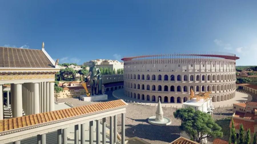 Imagem de reconstrução digital em 3D da Roma Antiga, com o Coliseu
