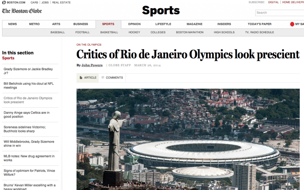 "Críticos das Olimpíadas no Rio de Janeiro tiveram uma premonição" é o título publicado pelo jornal Boston Globe - Reprodução