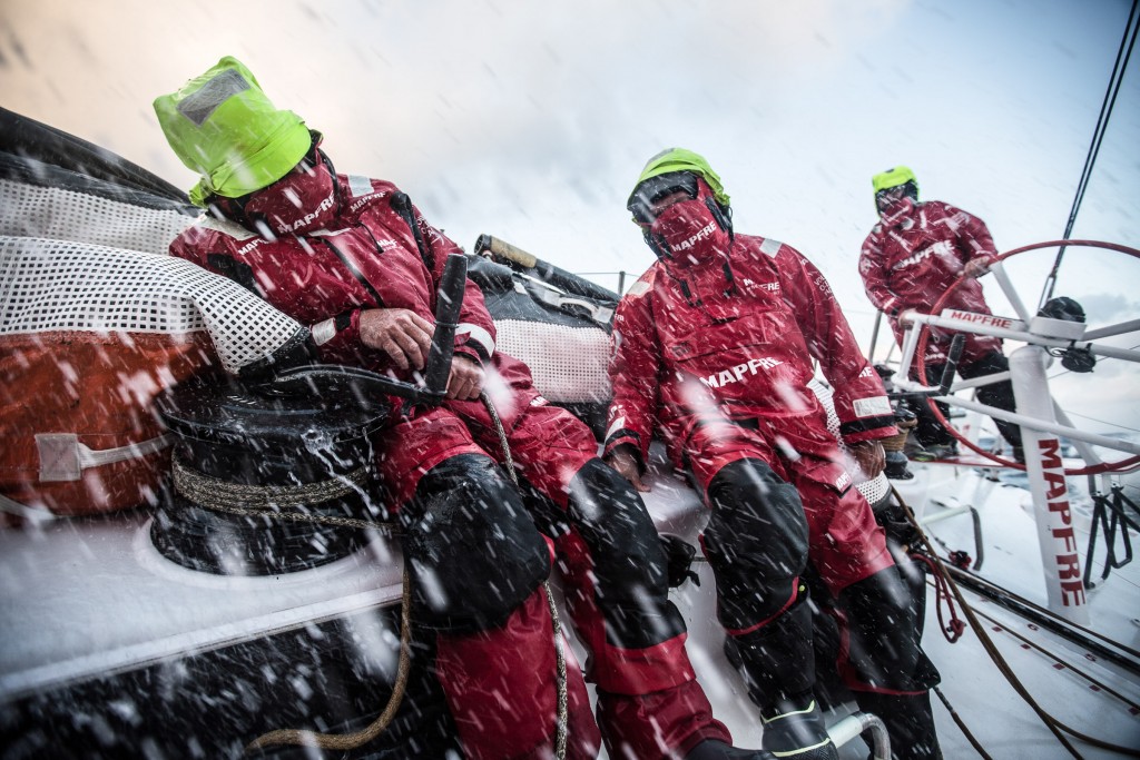 June 09, 2015. Leg 8 to Lorient onboard MAPFRE. Day 02. Carlos Hernandez, Rafael Trujillo and Rob Greenhalgh during a late watch