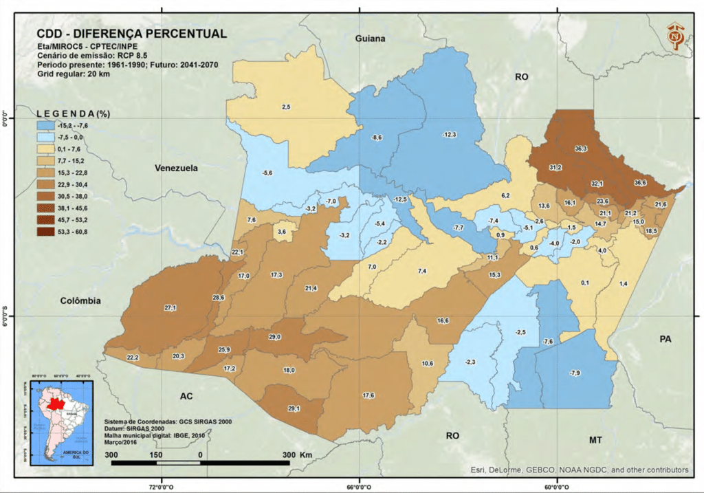 Variação do tempo de estiagem nos municípios do Amazonas para 2041-2070