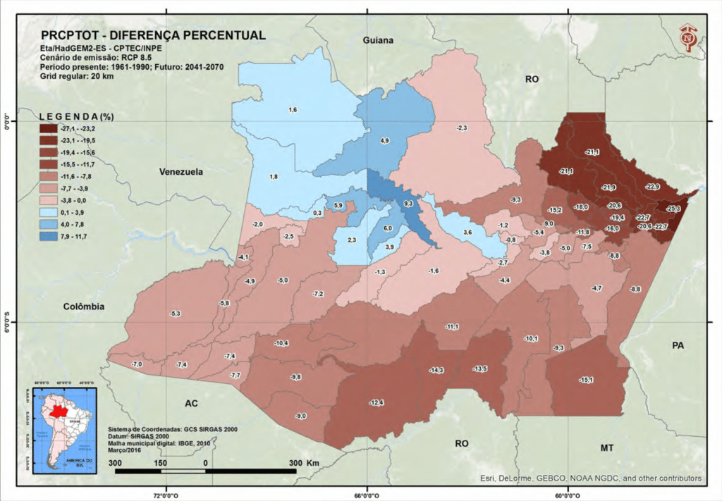 Variação do volume anual de chuvas para os municípios do Amazonas para 2041-2070