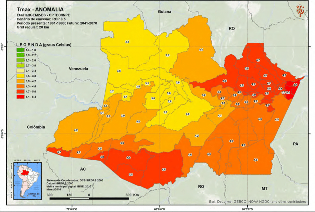 Aumento esperado da temperatura máxima para 2041-2070. Mapas: Divulgação/Fiocruz