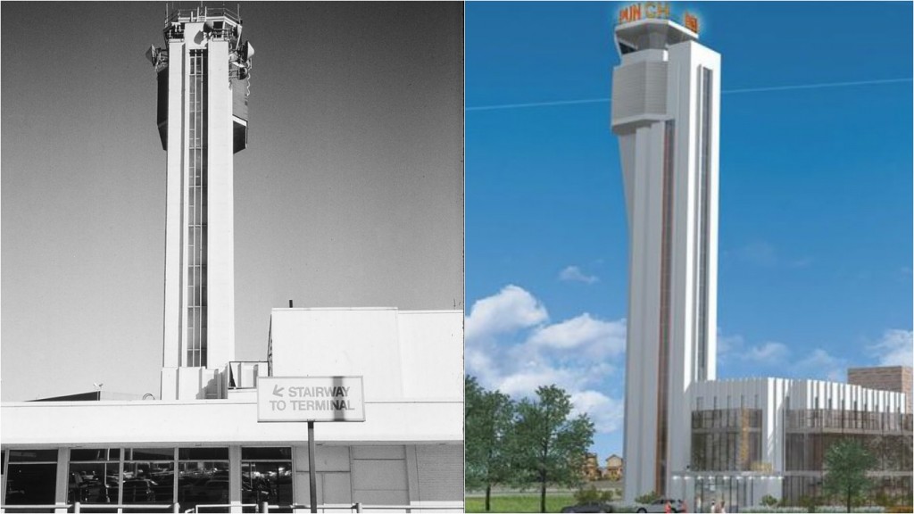 Imagem da torre do aeroporto em 1995 (esq) e como ela deve ficar no segundo semestre de 2016 (dir.) Reprodução DailyMail e Punch Bowl