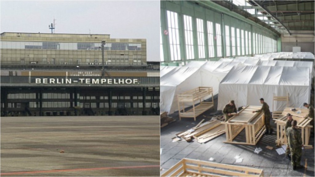 À esquerda, aeroporto de Tempelhof em funcionamento. Na imagem seguinte, soldados montam cama para imigrantes em hangar. Créditos: Reprodução Daily Mail e Hannibal Hanschke/Reuters