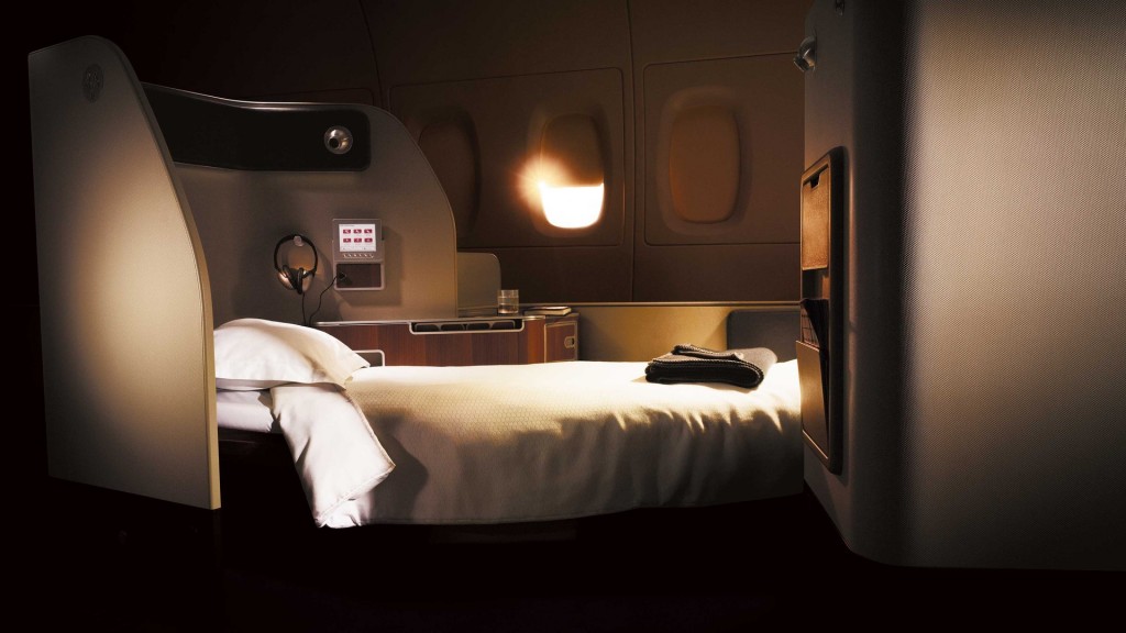 Interior da cabine da 1ª classe do A380 da Qantas. Imagem: Reprodução/Marc Newson