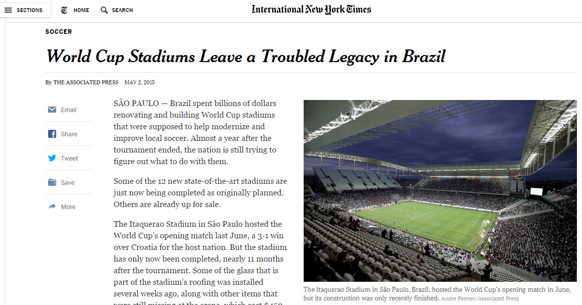 Copa deixou legado 'problemático', segundo reportagem da AP publicada no 'New York Times'