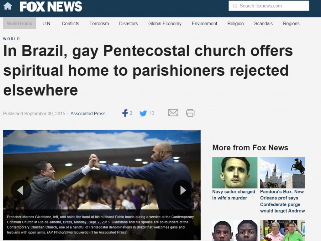 Reportagem da AP sobre a igreja pentecostal aberta aos gays no Brasil, publicada no site da rede americana Fox