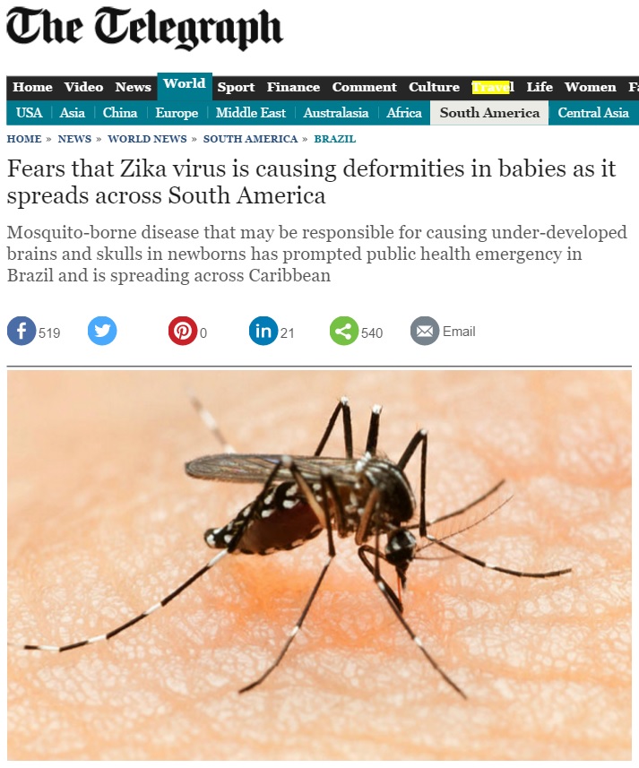 Reportagem em jornal britânico alerta para casos de zika no Brasil