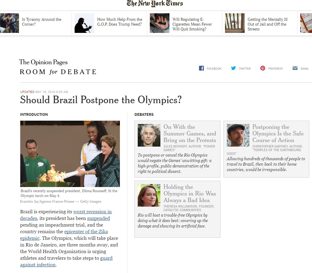 'New York Times' debate possibilidade de que Olimpíada no Rio seja adiada