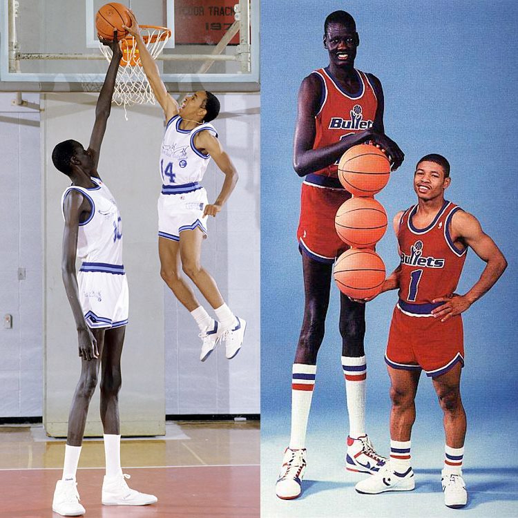 Criação Criativos - Esse é Manute Bol, o jogador mais alto da história da  NBA, com 2,31 metros de altura. Ao lado dele está Muggsy Bogues, o menor  jogador de basket da
